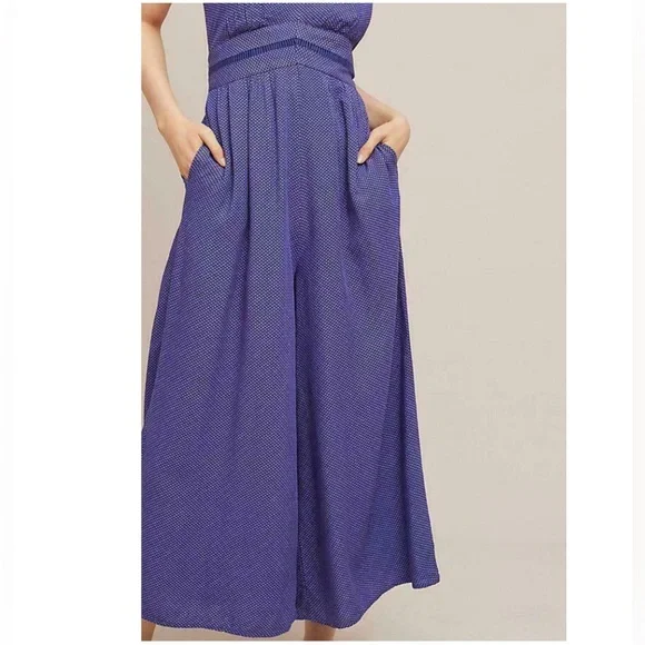 Anthropologie Maeve Justine Ruffled Polka Dot Wide Leg Jumpsuit in Marin Navy